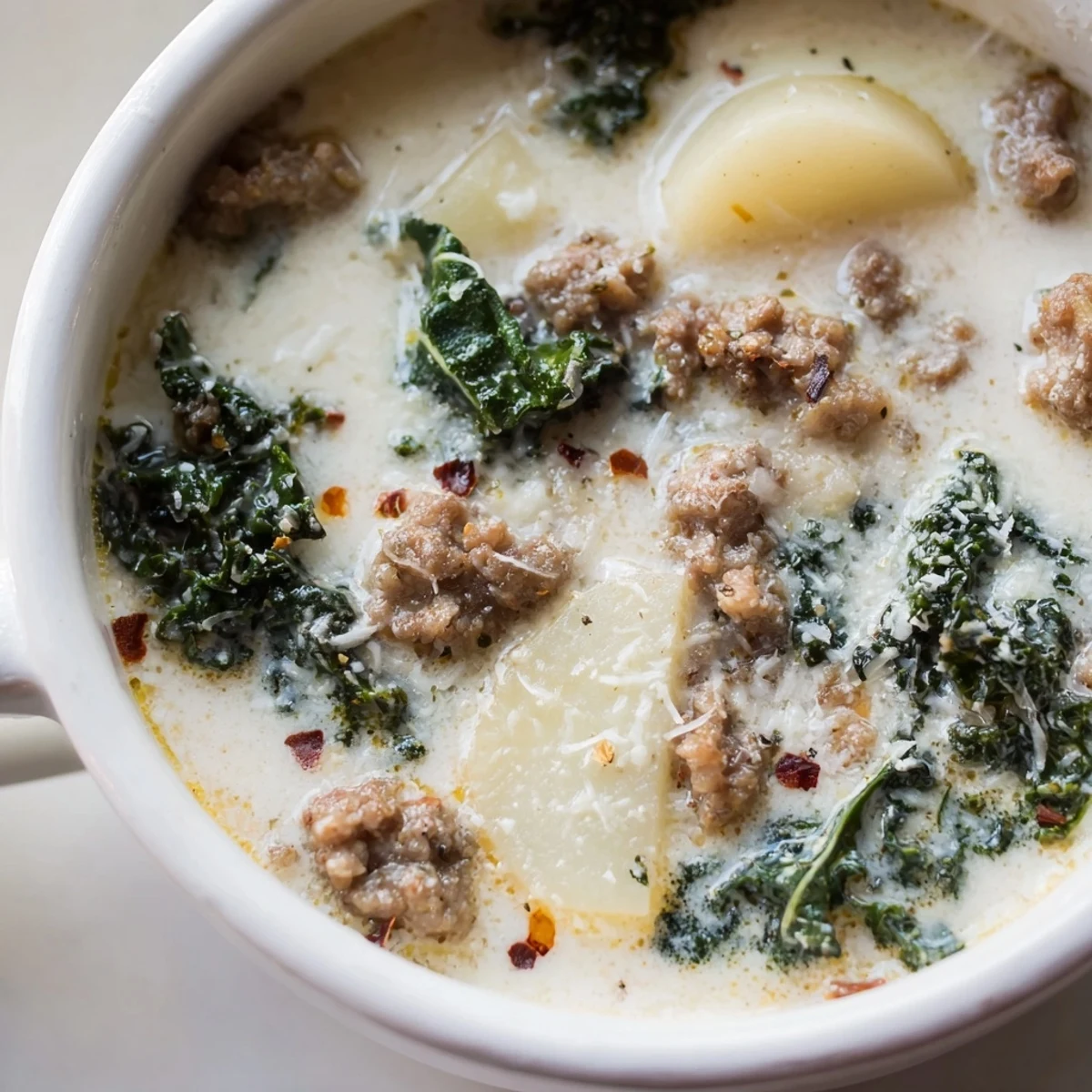 Steaming bowl of Zuppa Toscana soup topped with grated Parmesan and crusty bread
