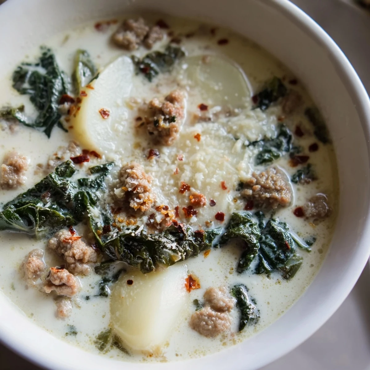 Hearty Zuppa Toscana soup featuring golden brown sausage slices and vibrant green kale