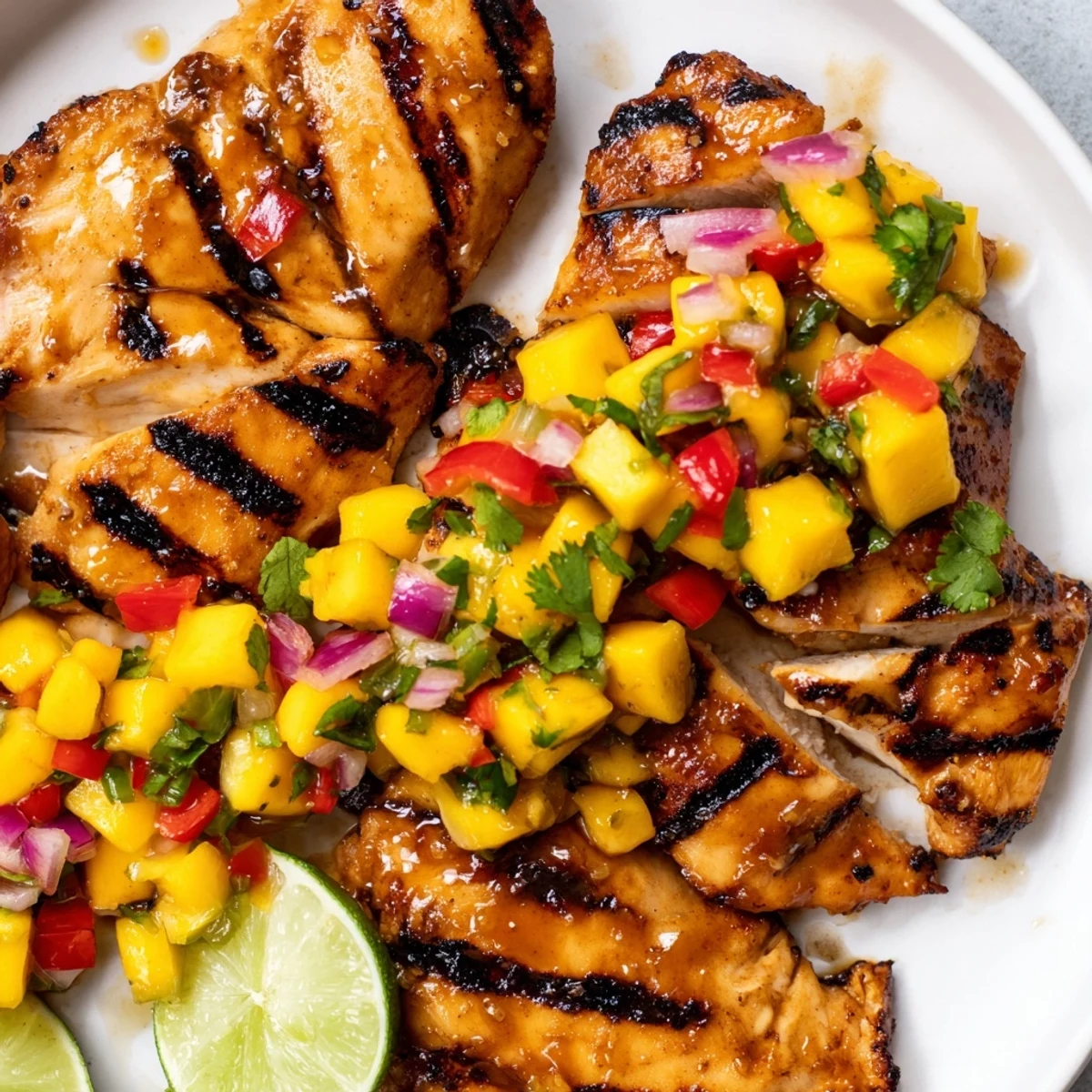 Golden honey lime chicken with colorful mango salsa on a rustic plate