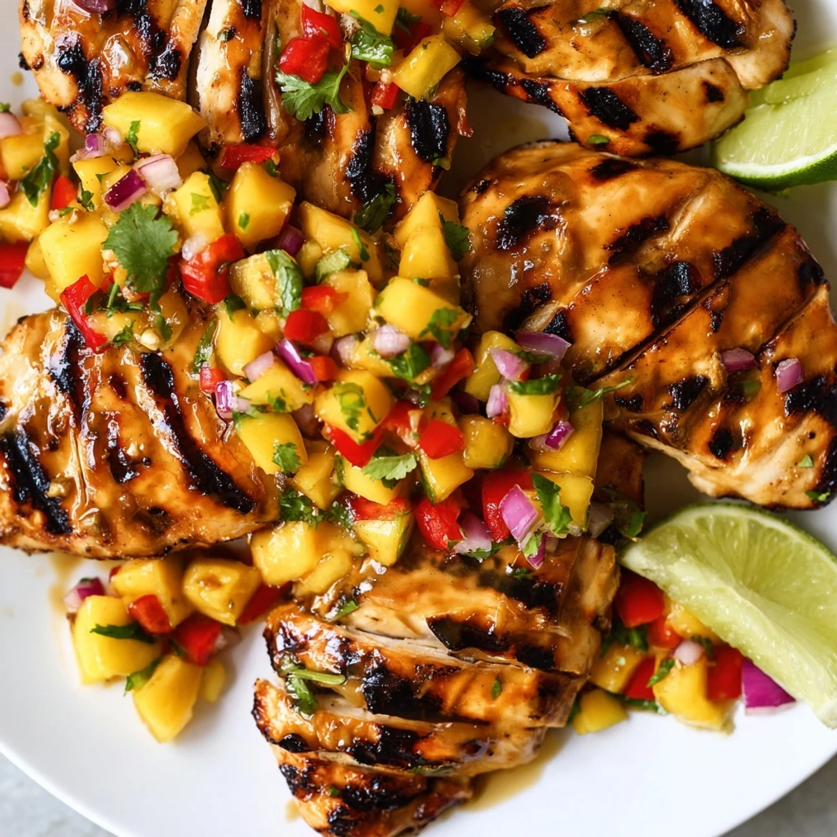Grilled honey lime chicken with mango salsa garnished with fresh cilantro and lime wedges