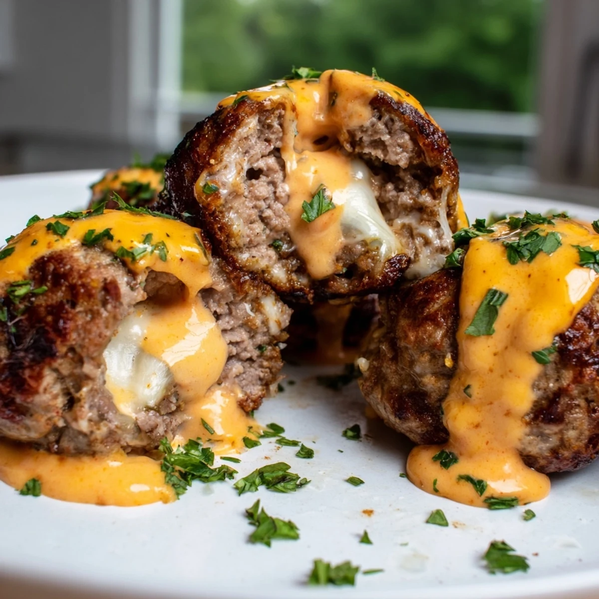 Golden cheese stuffed meatballs draped in creamy spicy cheese sauce on a rustic plate