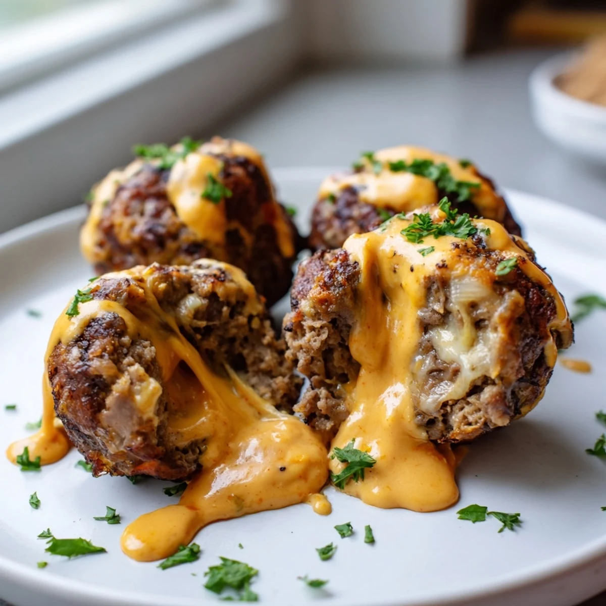 Juicy cheese stuffed meatballs with spicy cheese sauce bubbling hot in a skillet