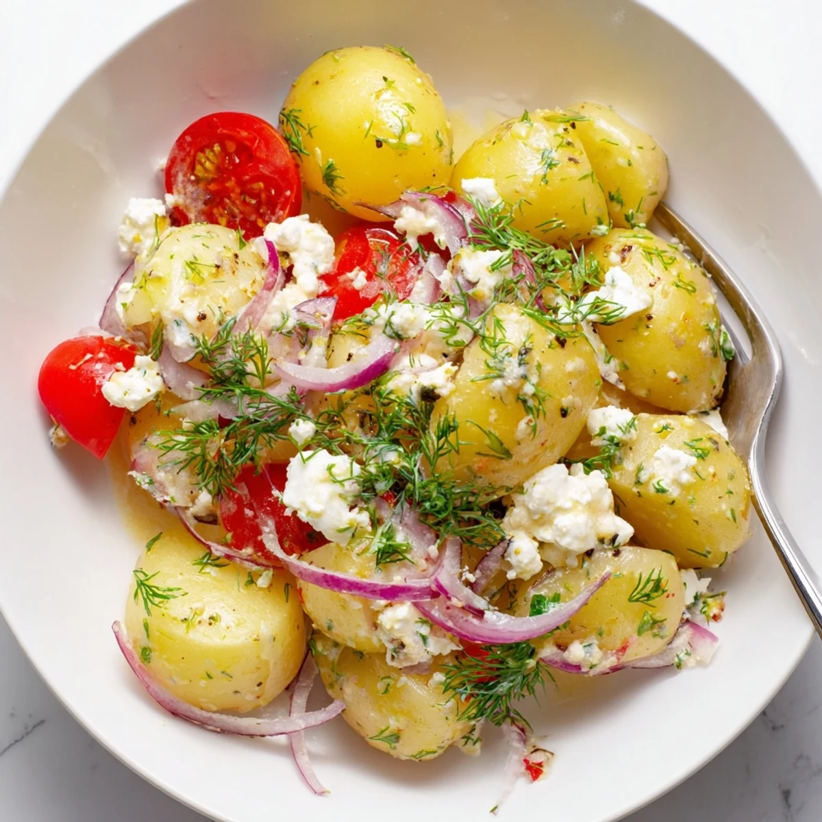 Creamy potato and feta salad tossed with fresh herbs and cherry tomatoes in a bright bowl