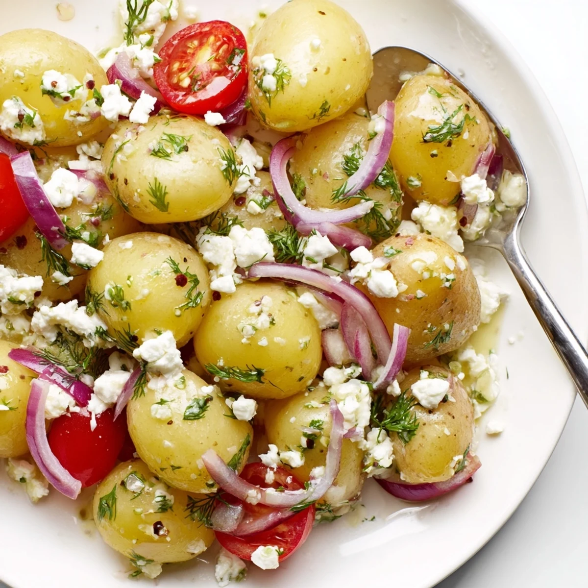 Crumbed feta tops a warm potato and feta salad garnished with dill and red onion