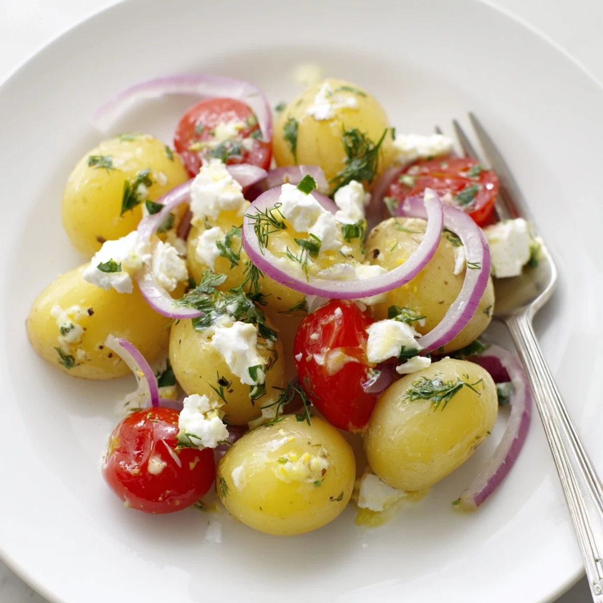 Golden baby potatoes shine in this vibrant potato and feta salad drizzled with lemon dressing