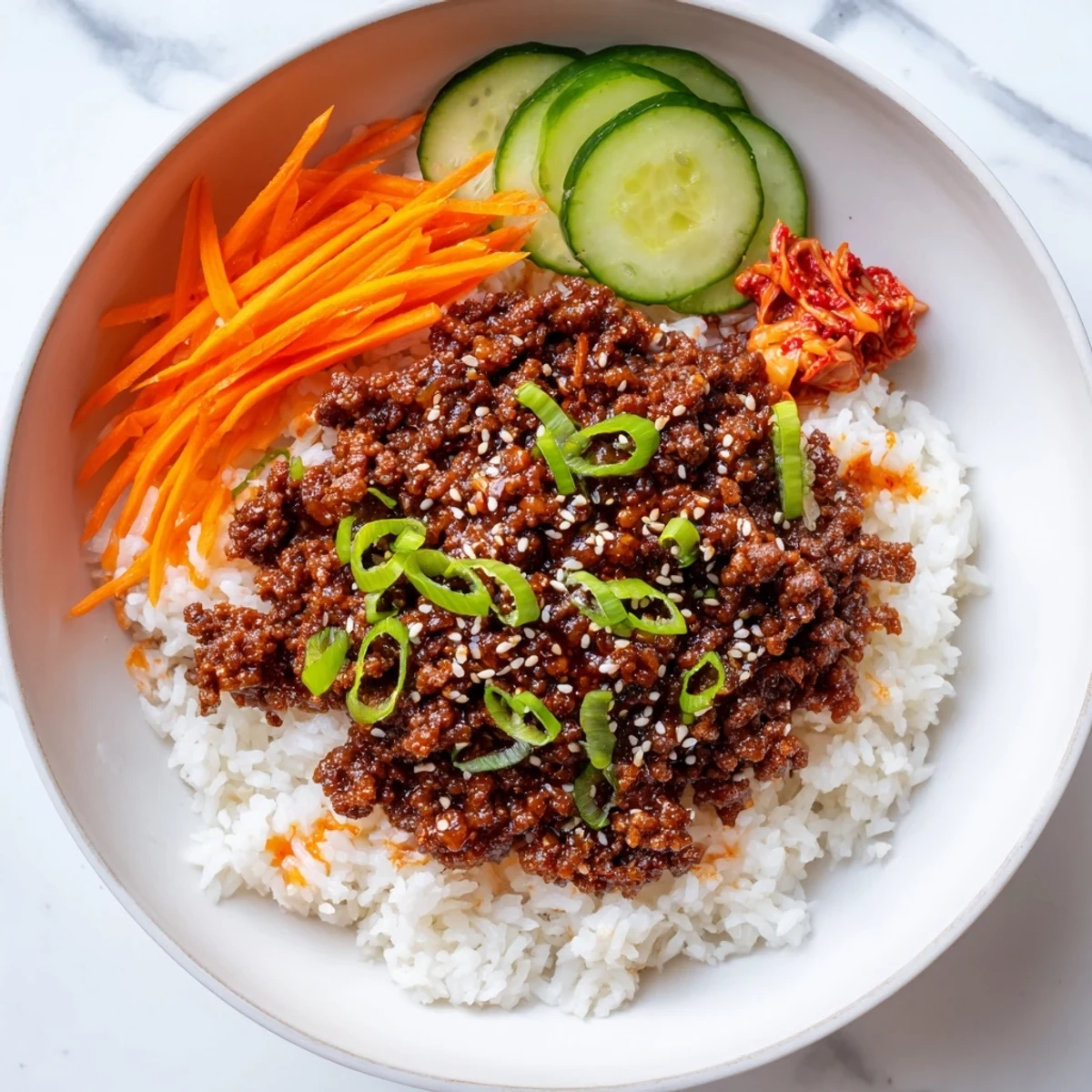 A Korean Ground Beef Bowl topped with sesame seeds, green onions, and crisp vegetables over steamed white rice