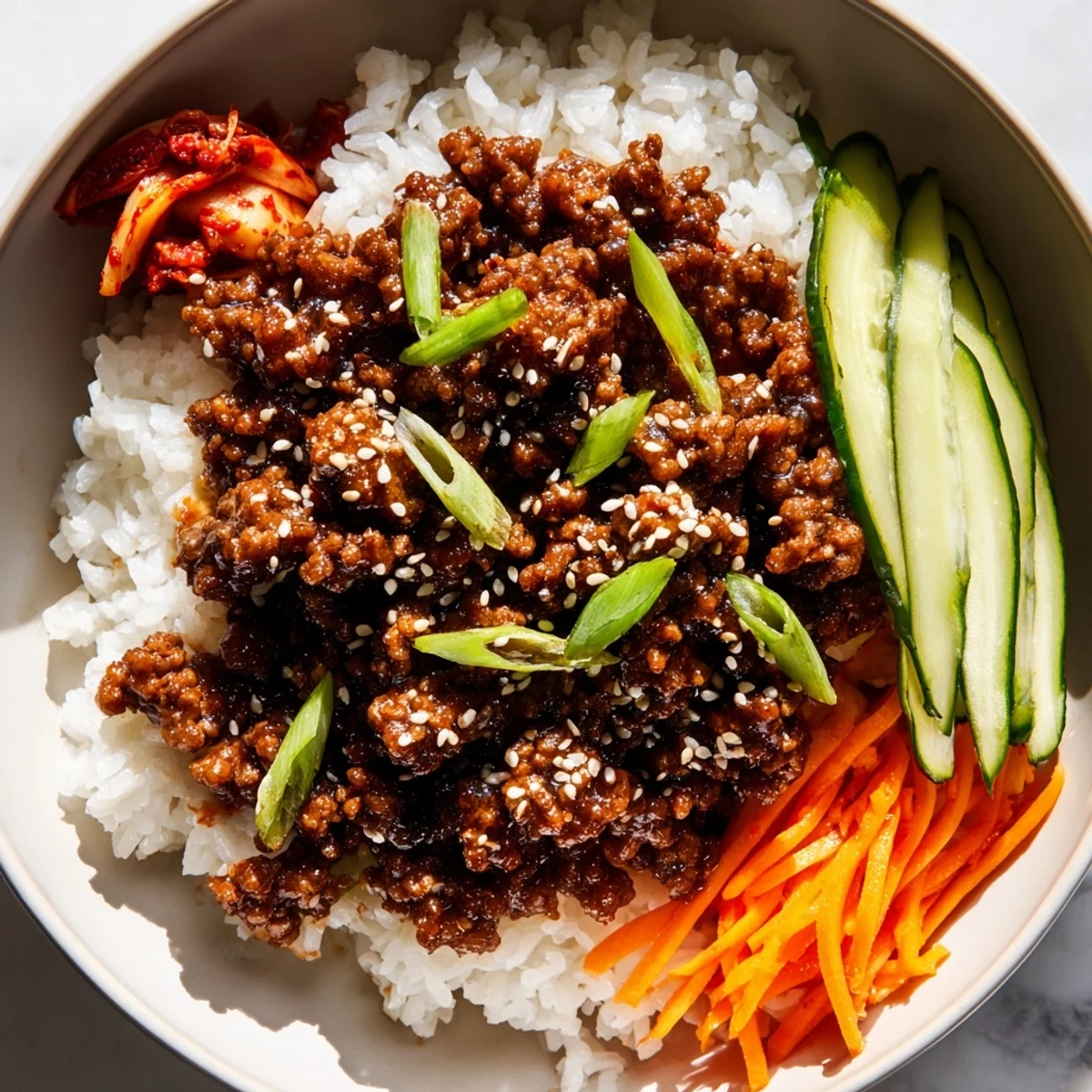 Steaming Korean Ground Beef Bowl with glossy soy glazed meat, julienned carrots, and fresh cucumber slices