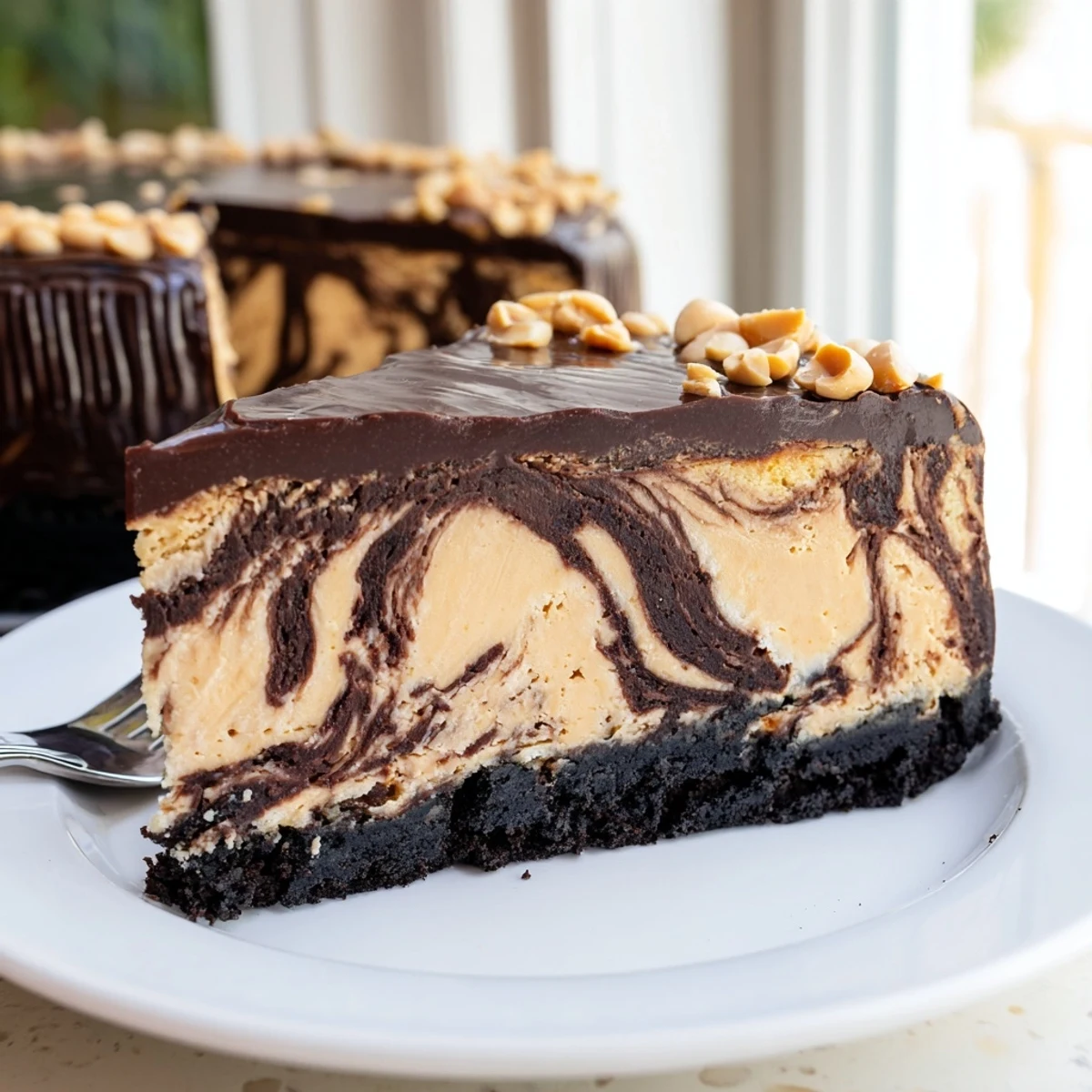 Creamy chocolate peanut butter cheesecake with marbled swirl on a cookie crust