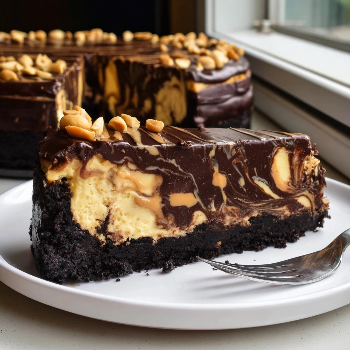 Rich chocolate peanut butter cheesecake sliced and drizzled with glossy ganache topping