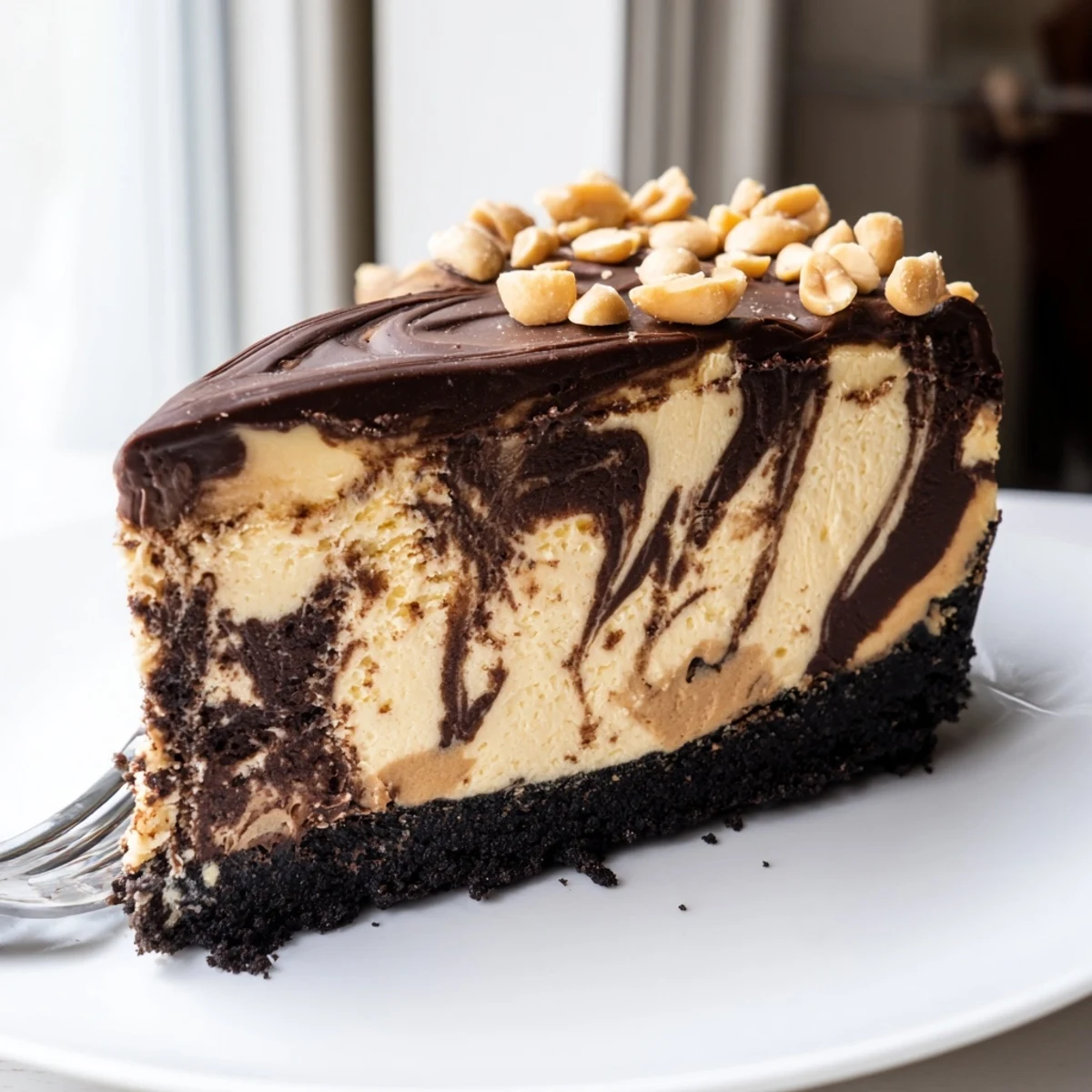 Decadent chocolate peanut butter cheesecake topped with roasted peanuts on a dessert plate