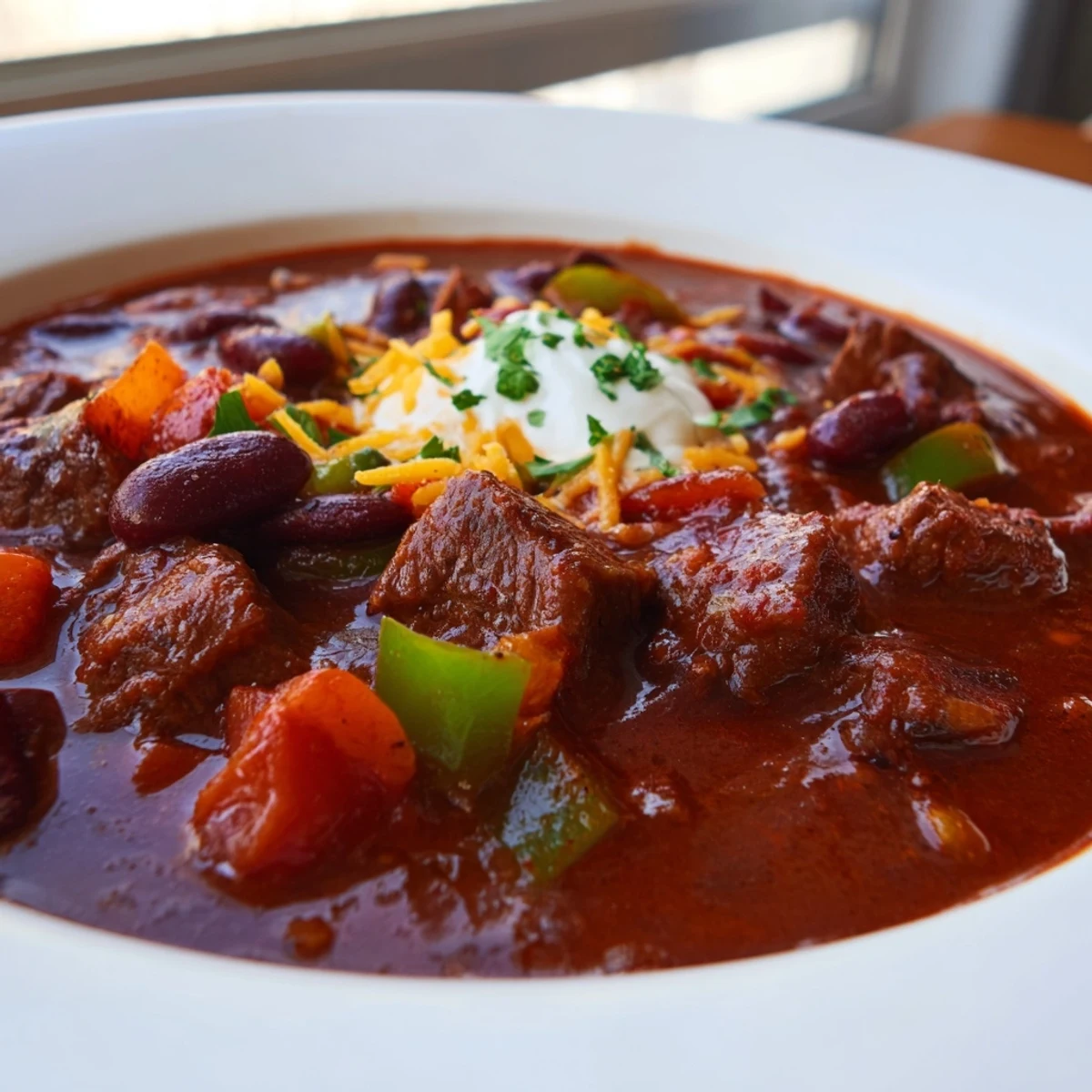 Thick beefy chili stew topped with sour cream in a rustic ceramic bowl