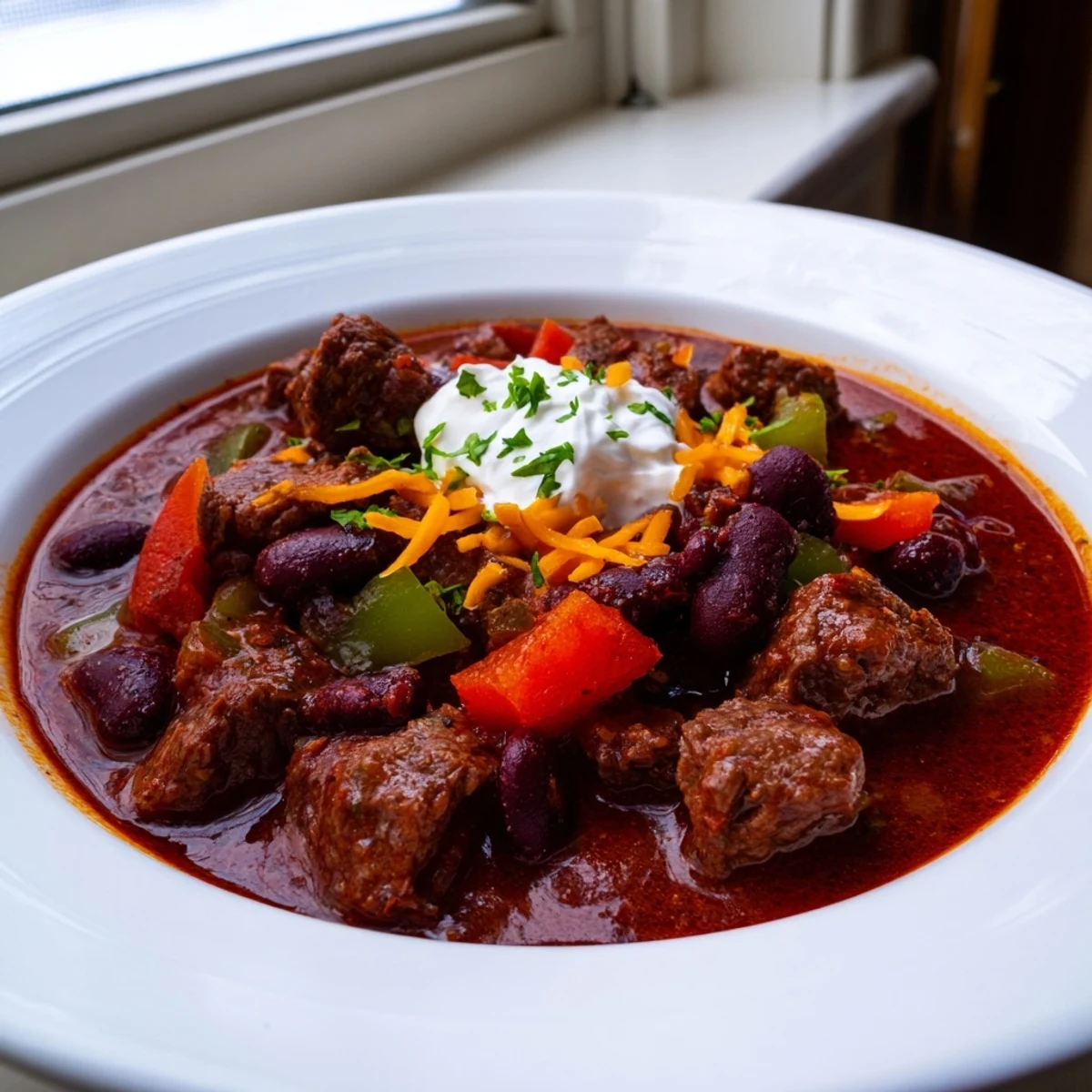 Steaming bowl of beefy chili stew with tender meat, beans, and rich red broth