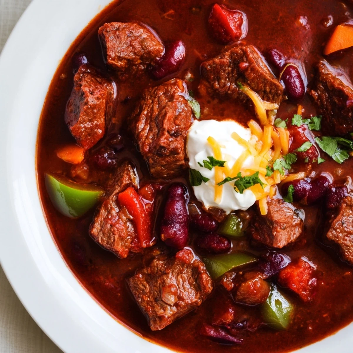 Hearty beefy chili stew loaded with cubed beef, beans, and colorful vegetables simmered golden