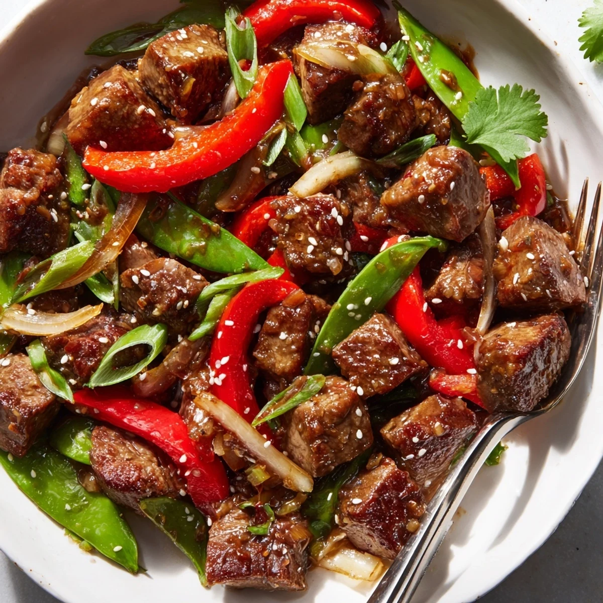 Golden Asian Inspired Cube Steak with colorful bell peppers and snap peas on a white plate