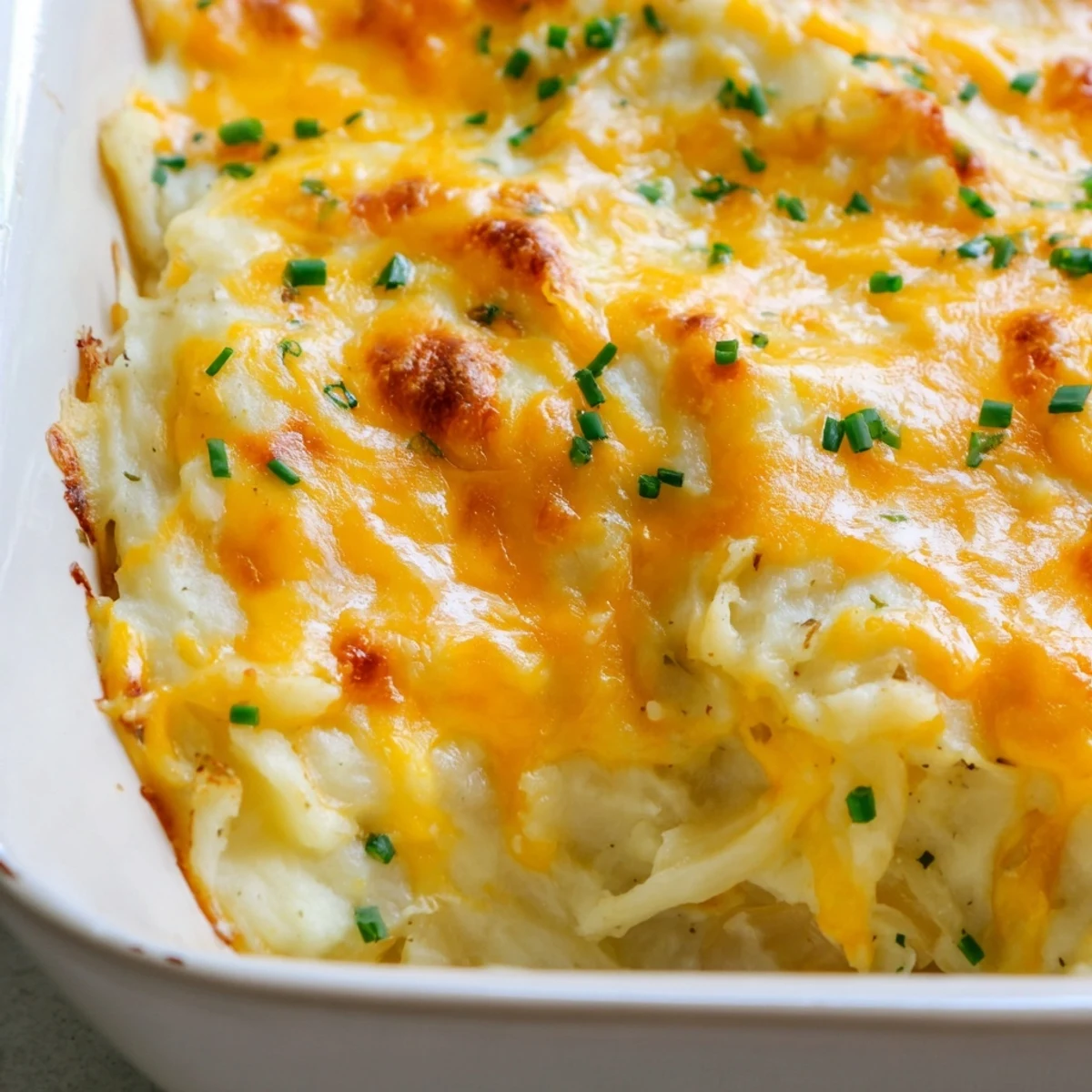 Golden bubbly Cheesy Onion Mashed Potato Casserole fresh from the oven