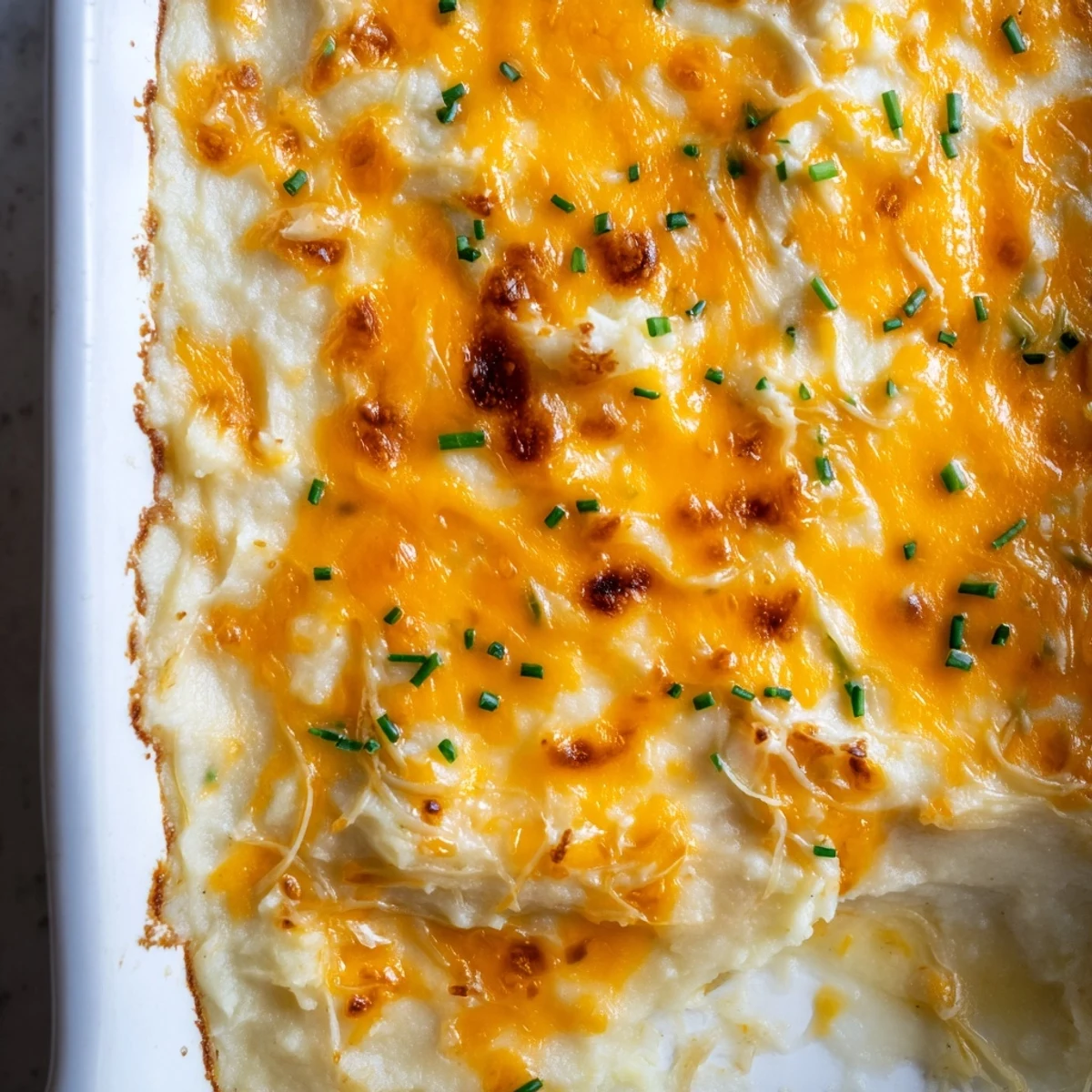 Creamy Cheesy Onion Mashed Potato Casserole topped with melted cheddar and caramelized onions
