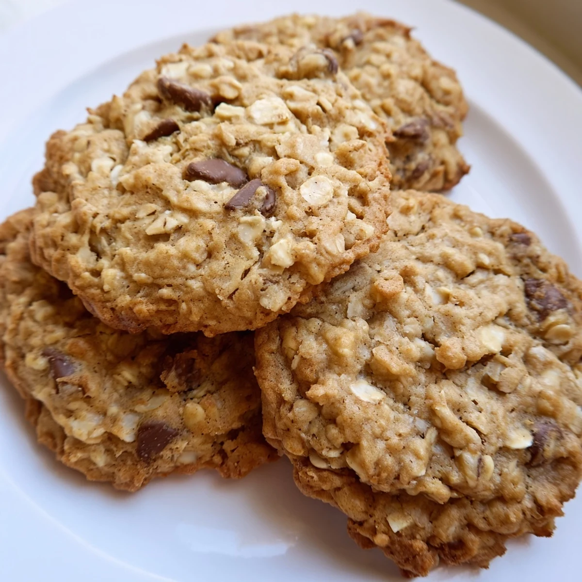 Rounded mounds of chewy banana oatmeal cookie dough dotted with chocolate chips before baking