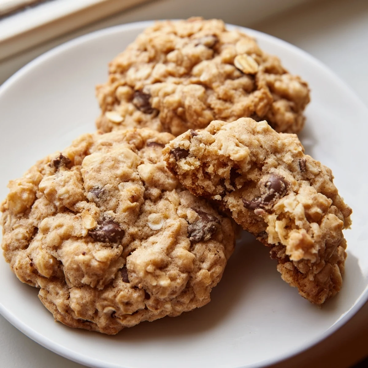 A wire rack lined with chewy banana oatmeal cookies, cracked tops revealing hearty rolled oats