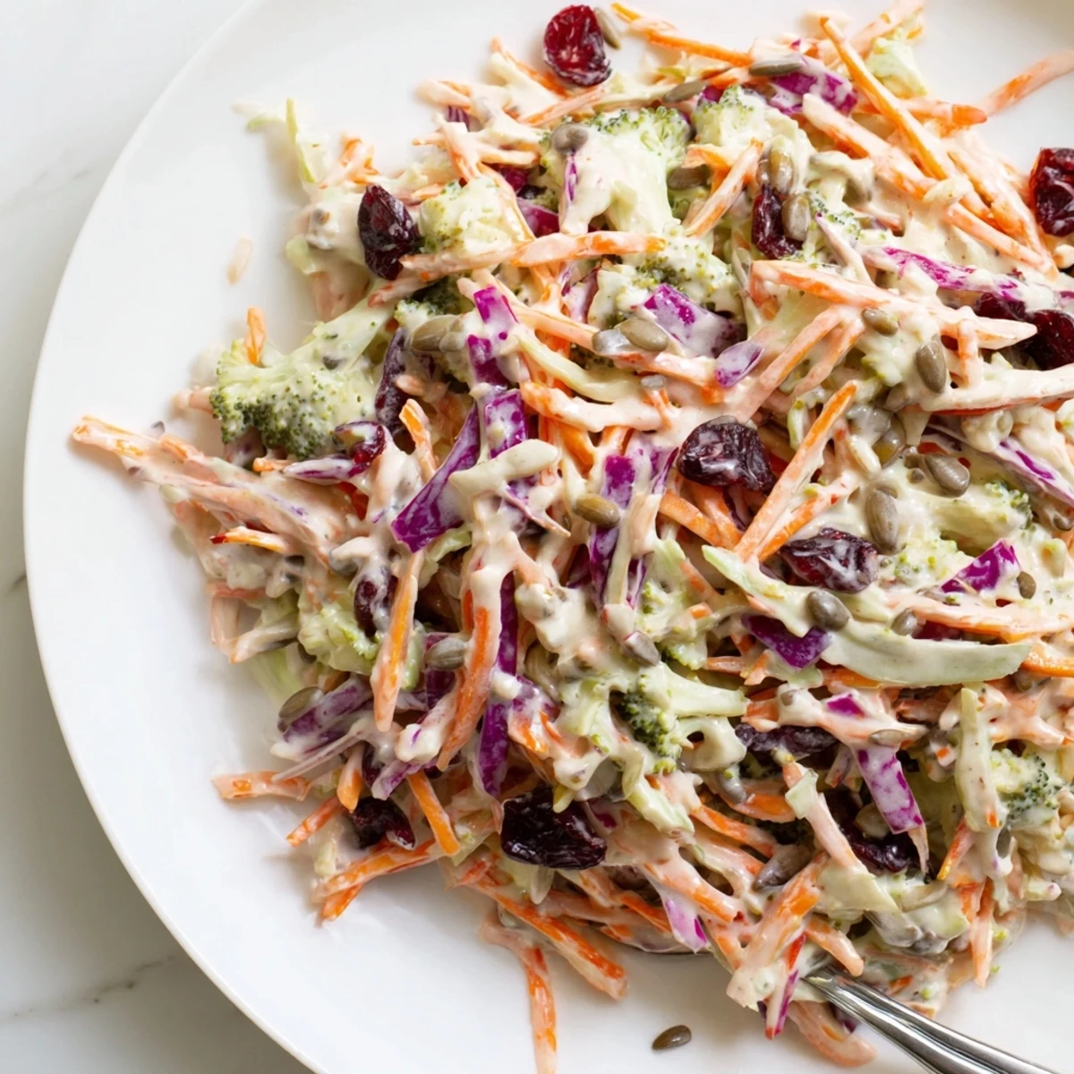 Chilled broccoli slaw glistening with creamy mustard dressing beside grilled chicken at a summer barbecue