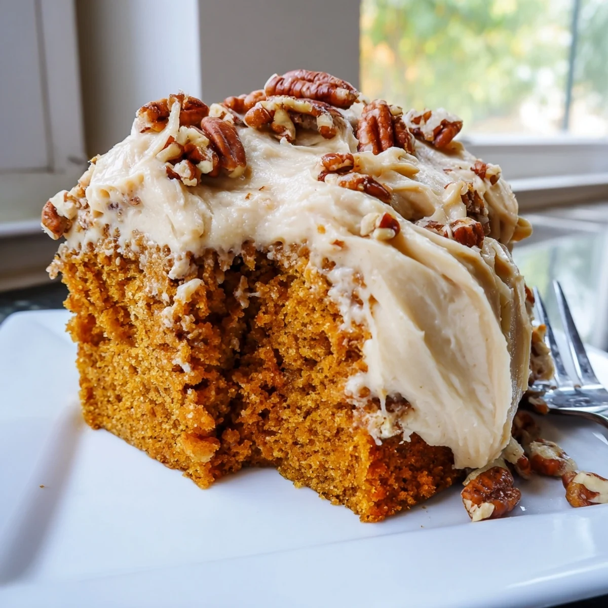 Warm slice of pumpkin pecan cake topped with creamy cinnamon frosting on a rustic plate