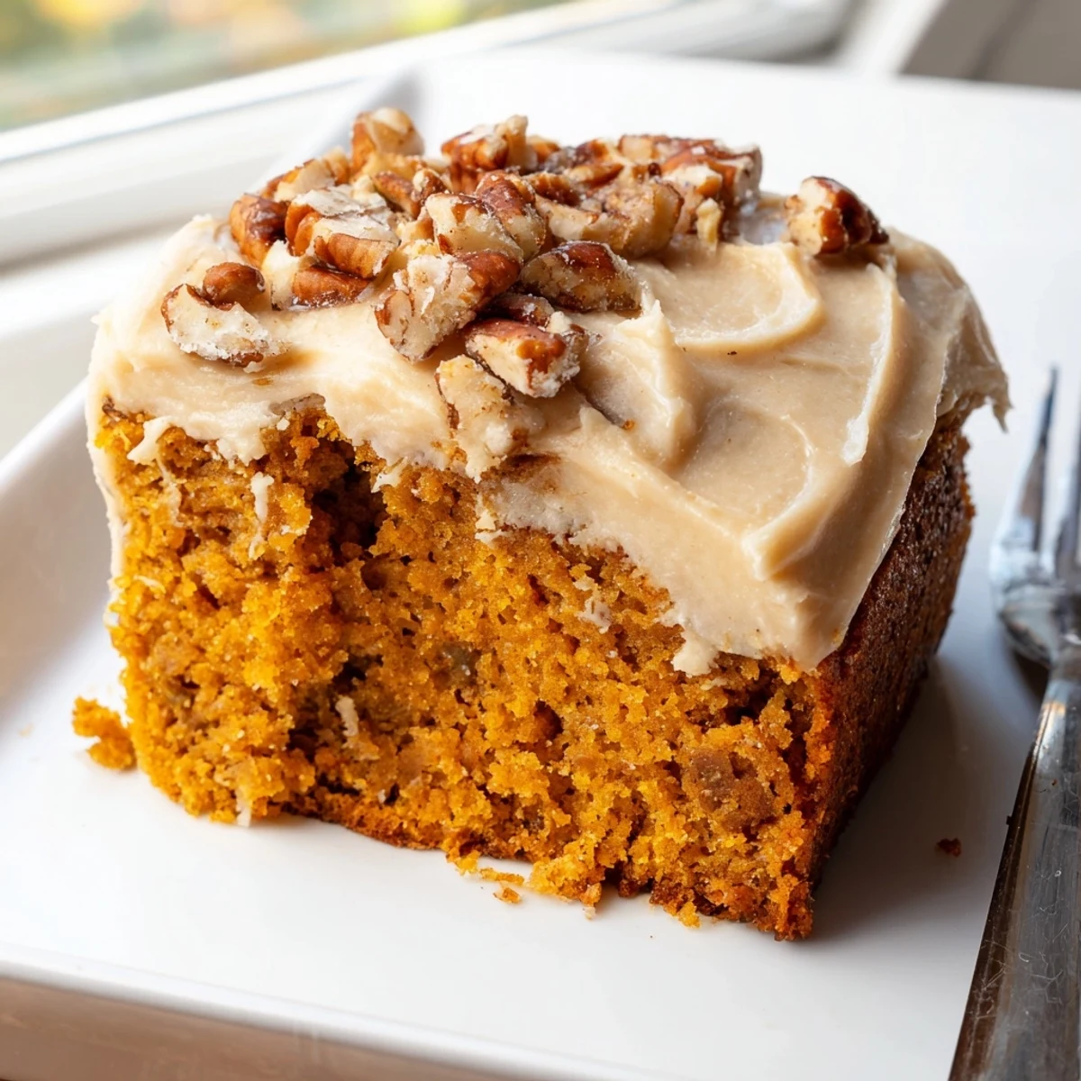 Golden pumpkin pecan cake with swirled cinnamon cream cheese icing and scattered toasted pecans