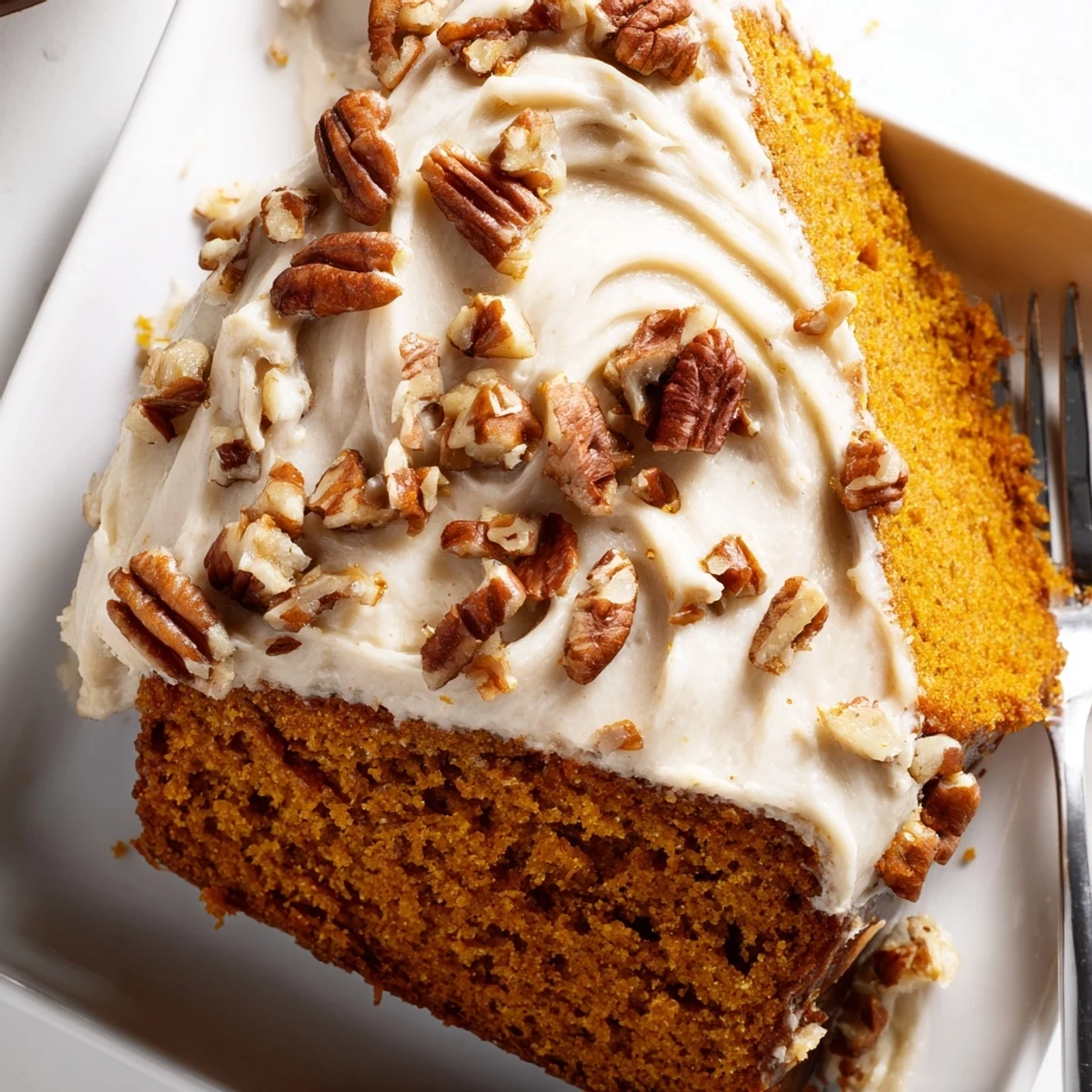 Moist spiced pumpkin pecan cake layered with fluffy cinnamon cream cheese icing, ready to serve