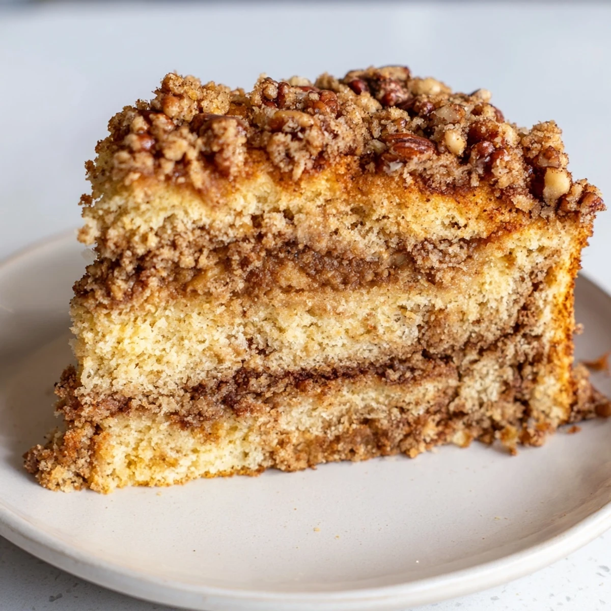 Warm cinnamon pecan crunch coffee cake sliced thick on a rustic white plate