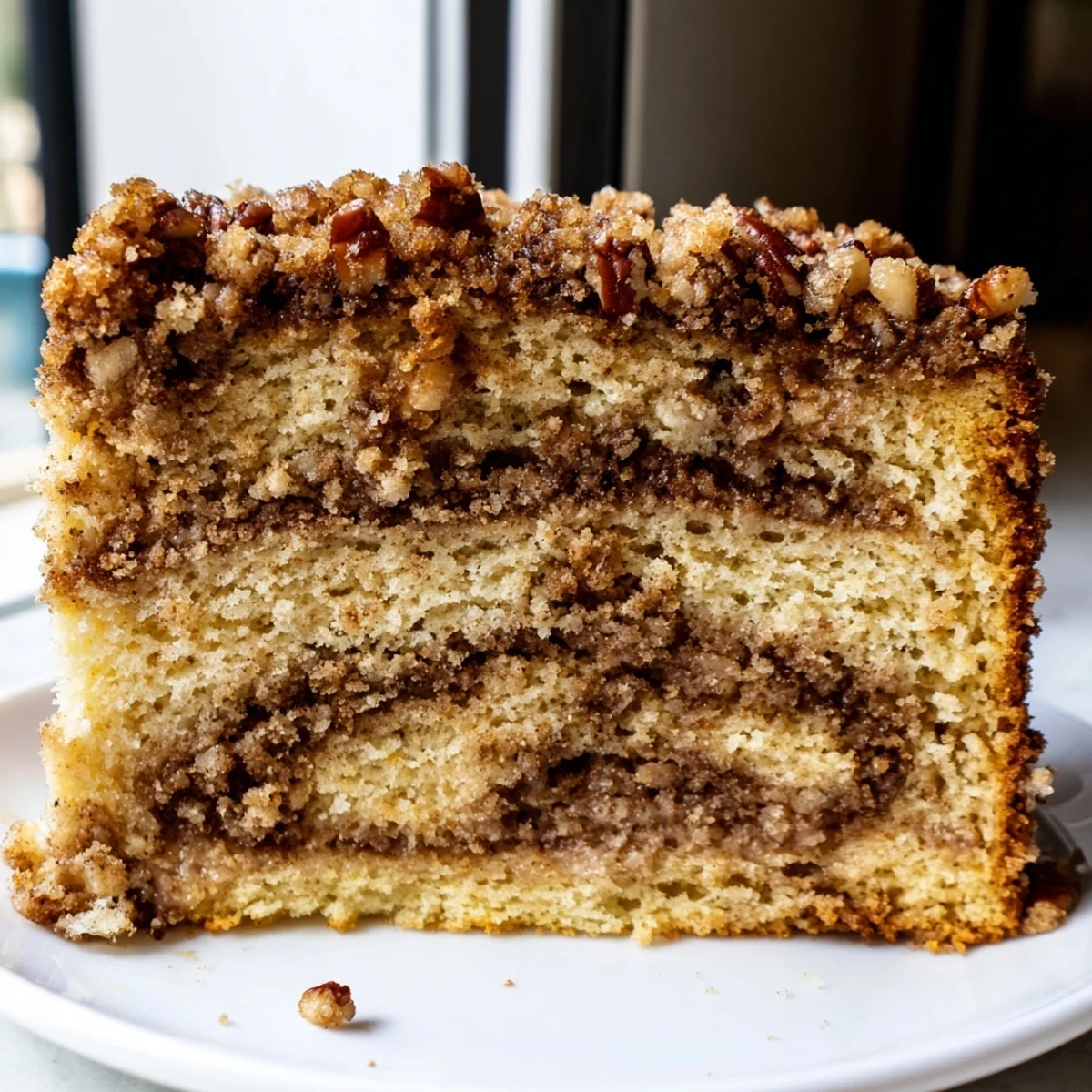Golden crumb-topped cinnamon pecan crunch coffee cake fresh from the oven with steam rising