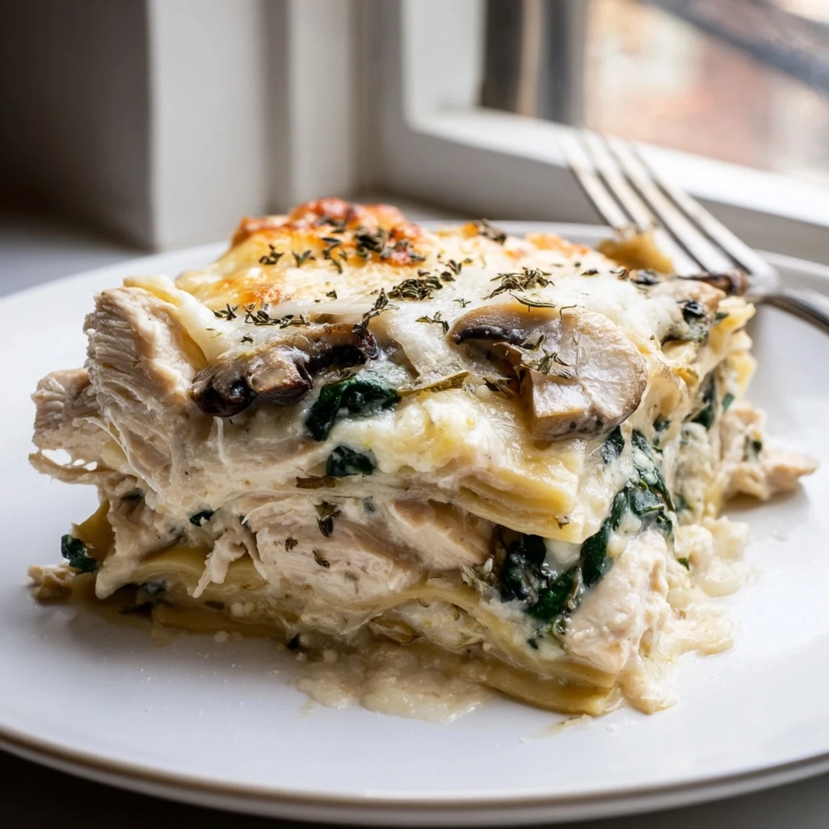 Golden bubbling white chicken lasagna with layers of creamy sauce and melted mozzarella cheese
