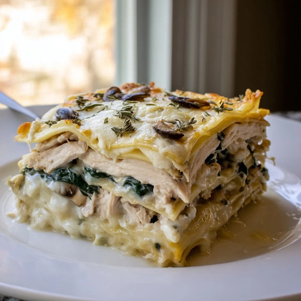 White chicken lasagna fresh from the oven showing tender chicken and gooey ricotta layers