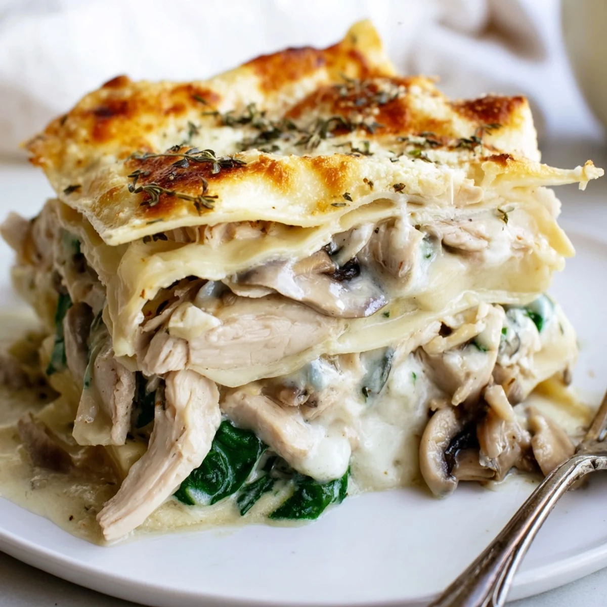 Creamy white chicken lasagna slice served on a plate with bubbling golden cheese topping