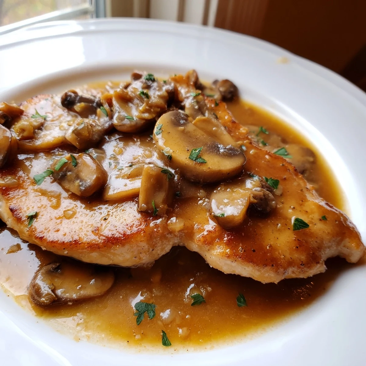 Golden dairy-free Chicken Marsala with savory mushroom wine sauce in a cast iron skillet