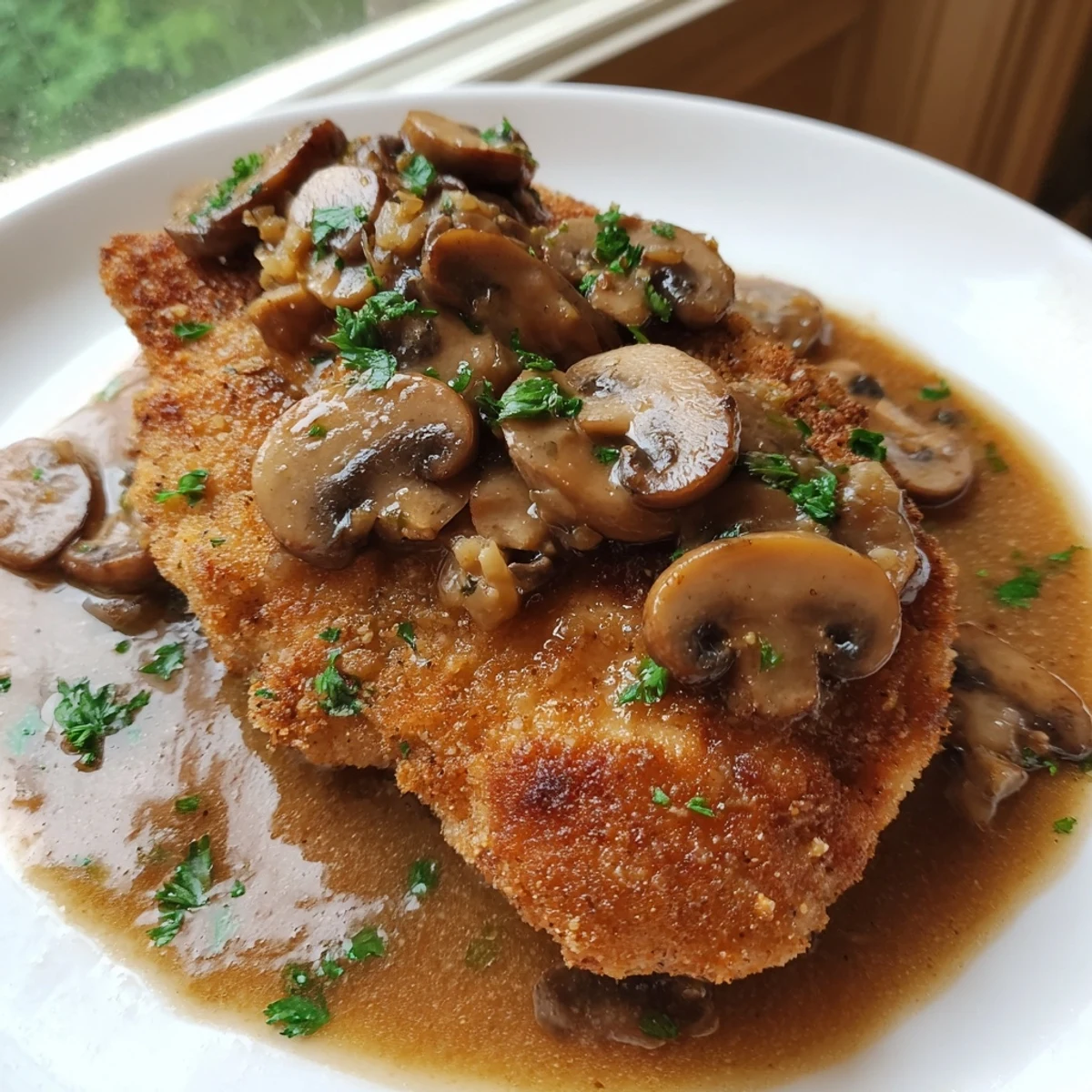 Creamy dairy-free Chicken Marsala served hot with caramelized mushrooms and a ladle of pan sauce