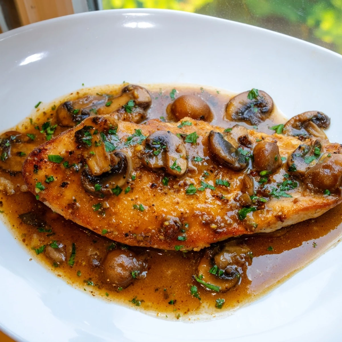 Tender pan-seared Chicken Marsala smothered in rich glossy Marsala mushroom sauce with fresh parsley