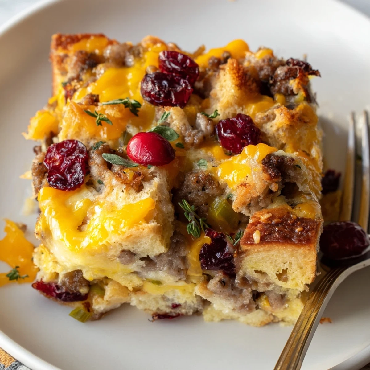 Golden baked cranberry sausage stuffing breakfast casserole with melted cheddar and fresh herbs