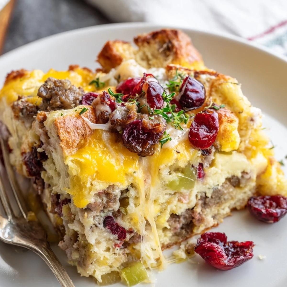Steaming scoop of cranberry sausage stuffing breakfast casserole showing savory custard and ruby berries