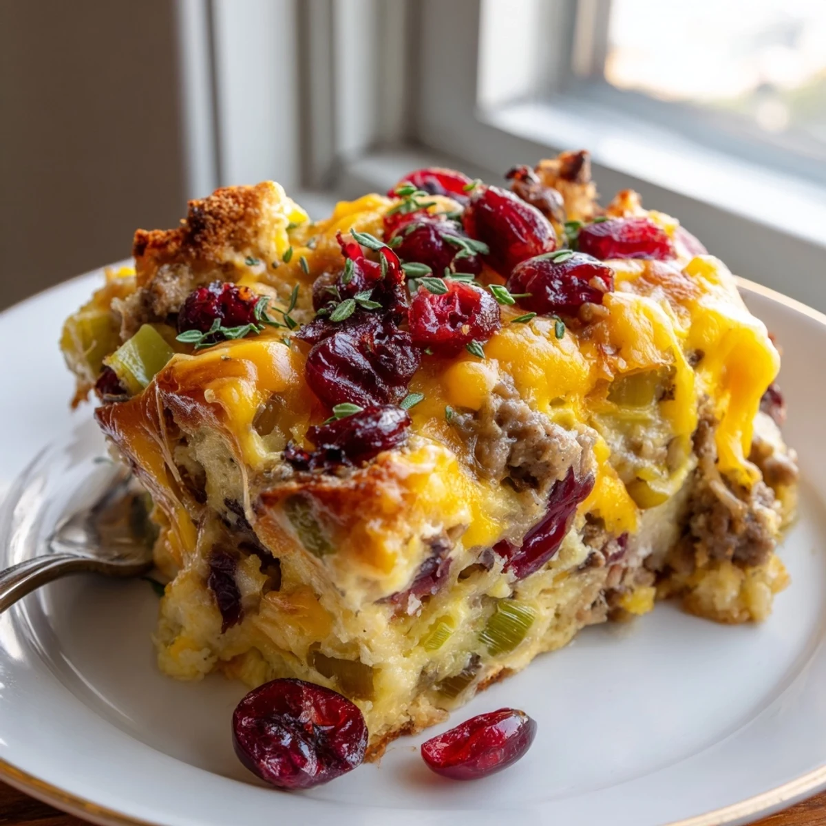 Rustic cranberry sausage stuffing breakfast casserole fresh from the oven with a crispy golden top
