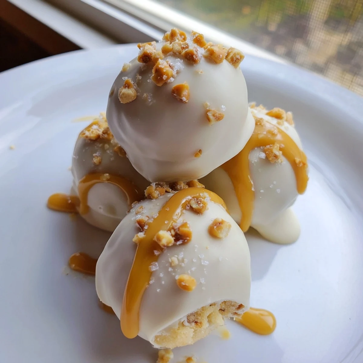 Creamy salted caramel pretzel cheesecake balls drizzled with golden caramel on a rustic tray