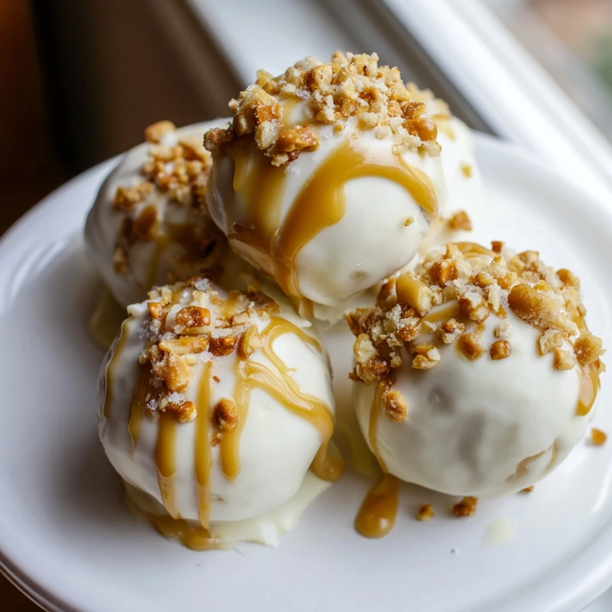 Golden caramel drips over white chocolate coated salted caramel pretzel cheesecake balls with crunchy topping