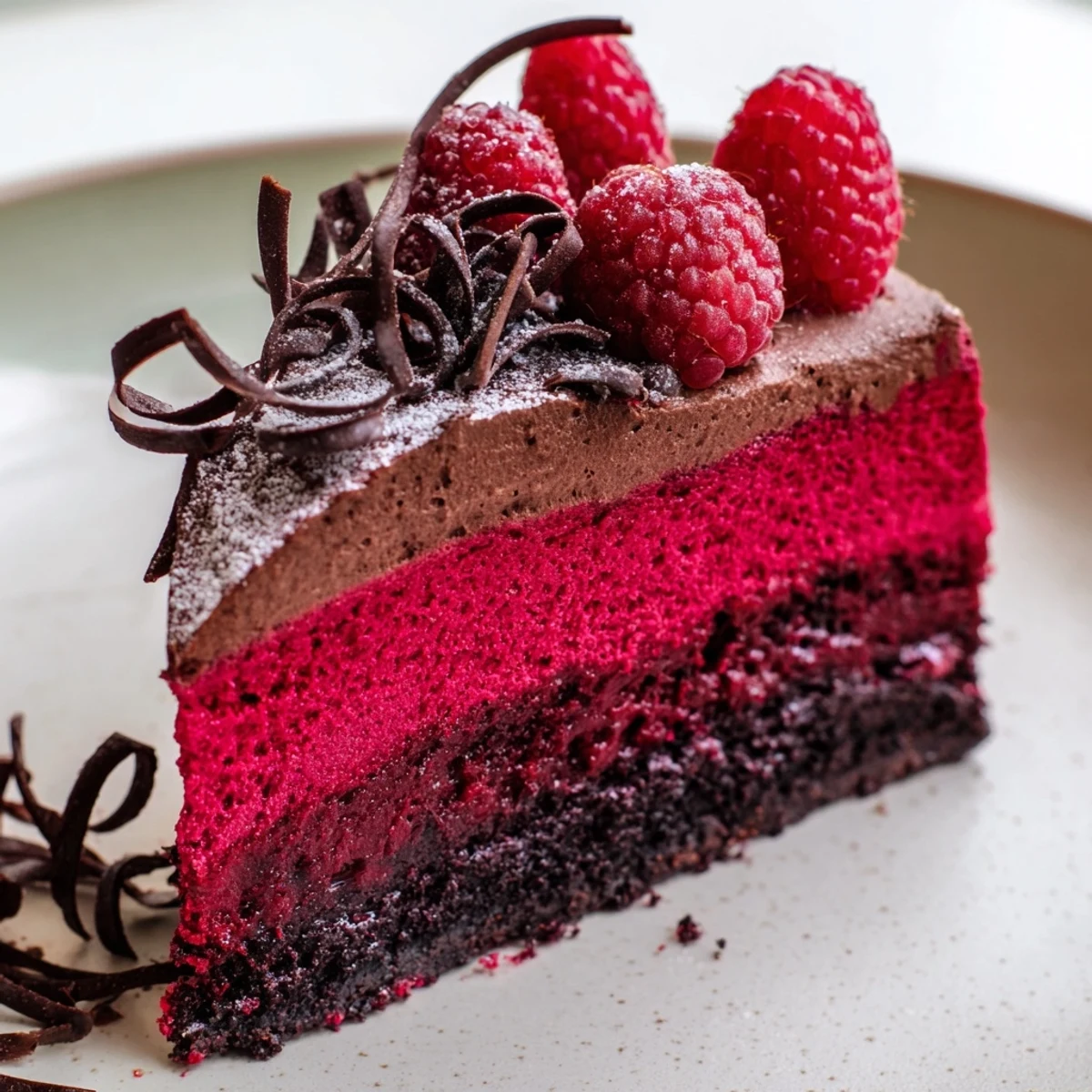 A slice of raspberry chocolate mousse cake with glossy layers and fresh berries on top