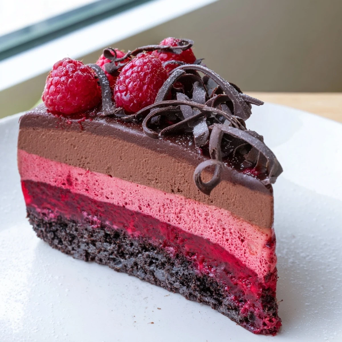 Tall raspberry chocolate mousse cake topped with chocolate curls and a dusting of powdered sugar