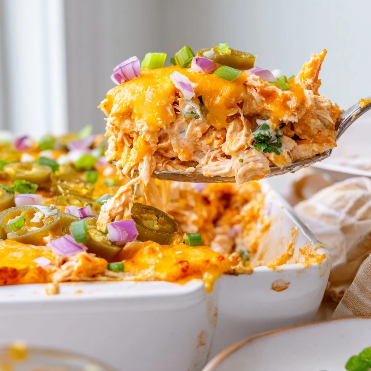 Golden bubbling Jalapeno Buffalo Chicken Casserole fresh from the oven with melted cheese