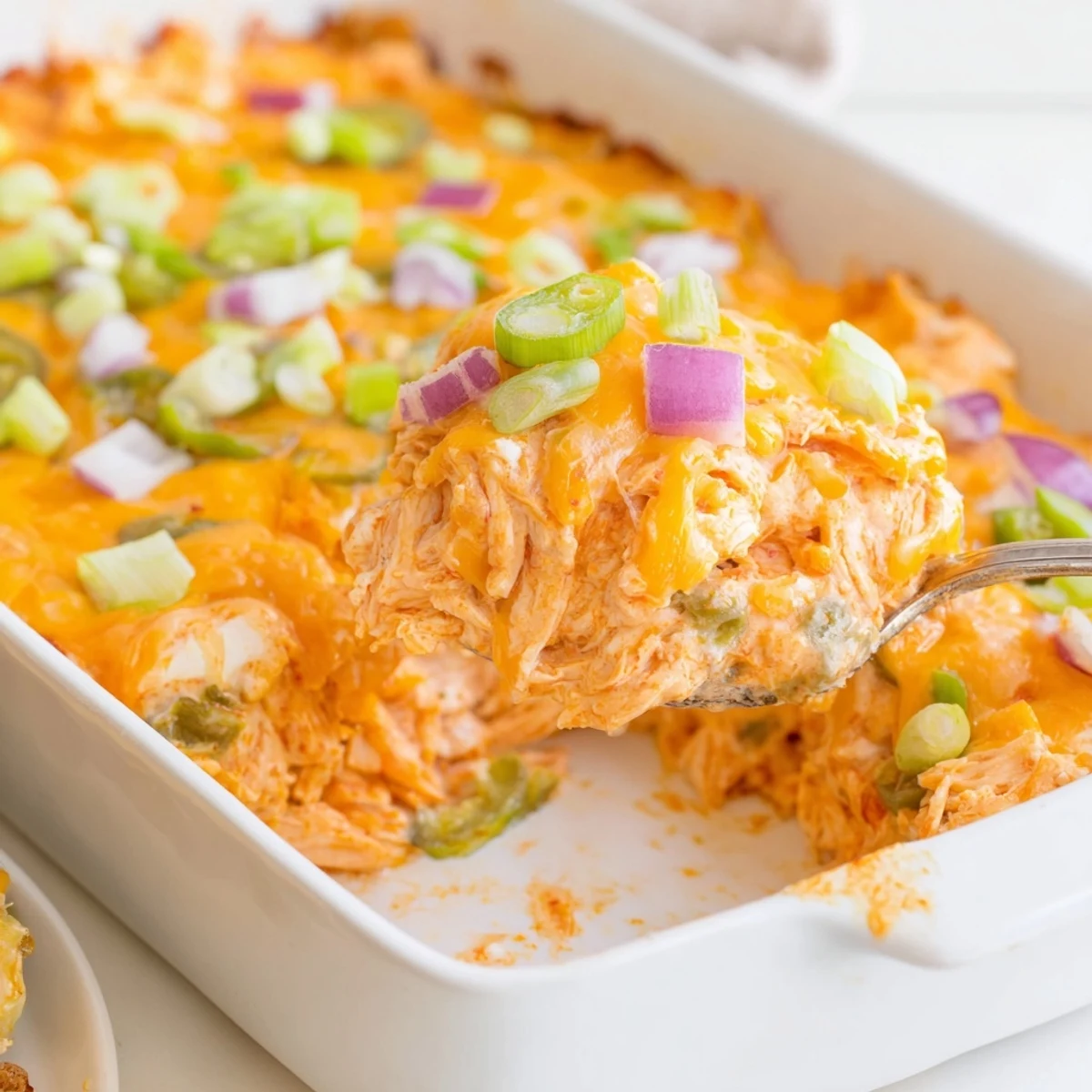 Creamy Jalapeno Buffalo Chicken Casserole topped with green onions and melted cheddar