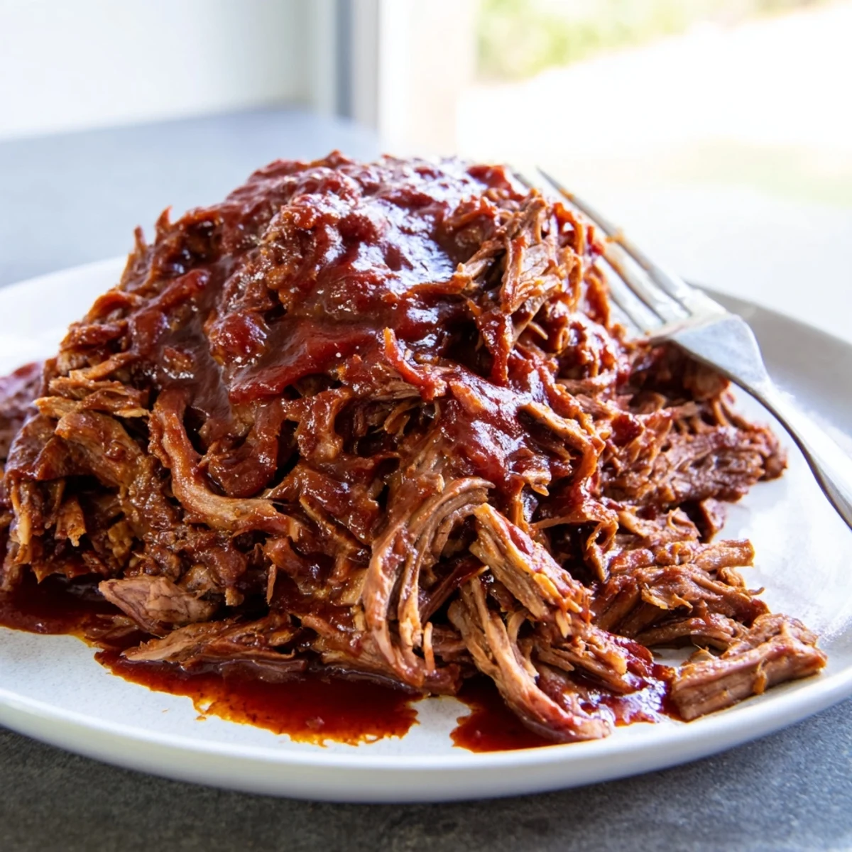 Heaping pulled beef sandwich dripping with rich barbecue sauce on a toasted bun