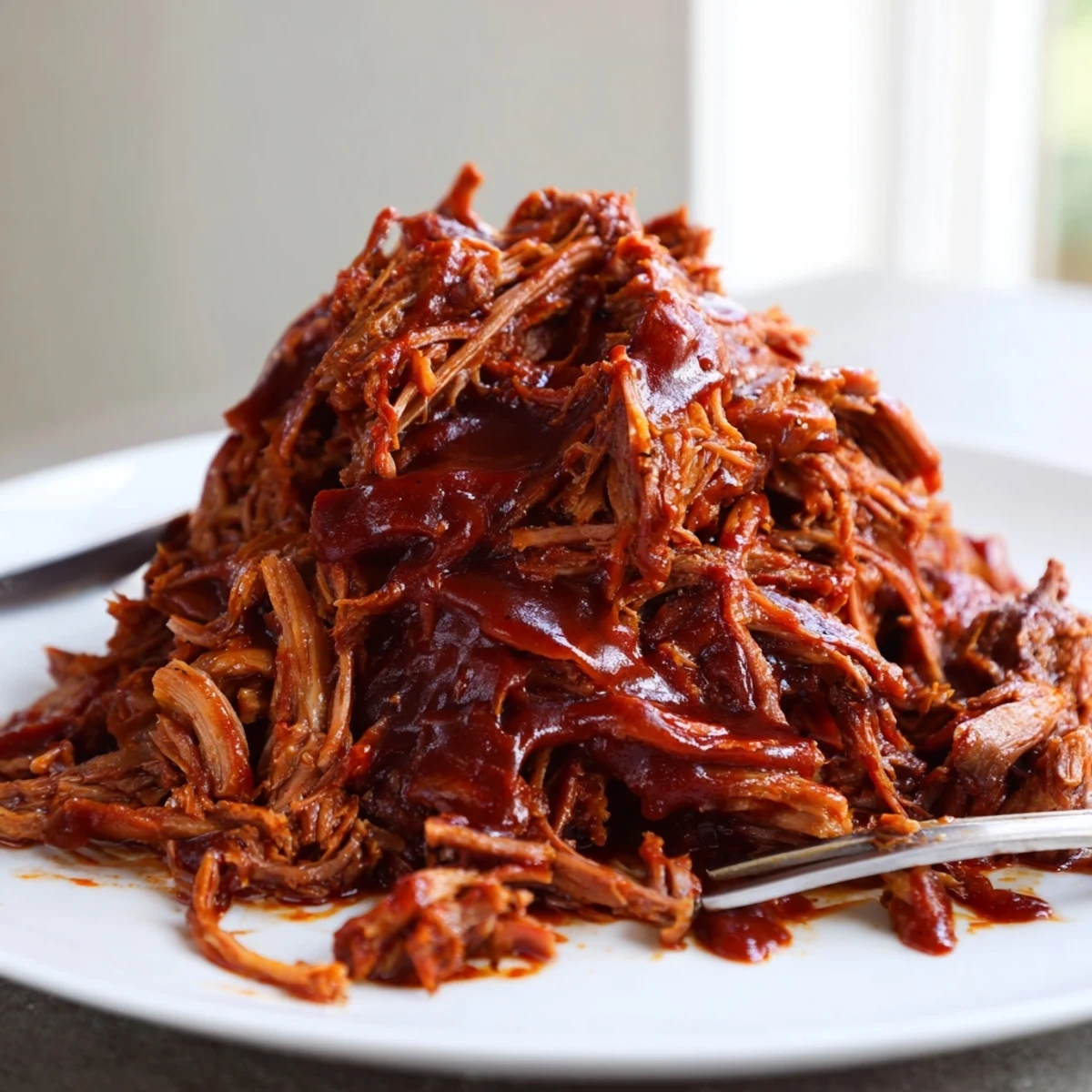 Slow cooker BBQ pulled beef piled high with creamy coleslaw on a soft roll