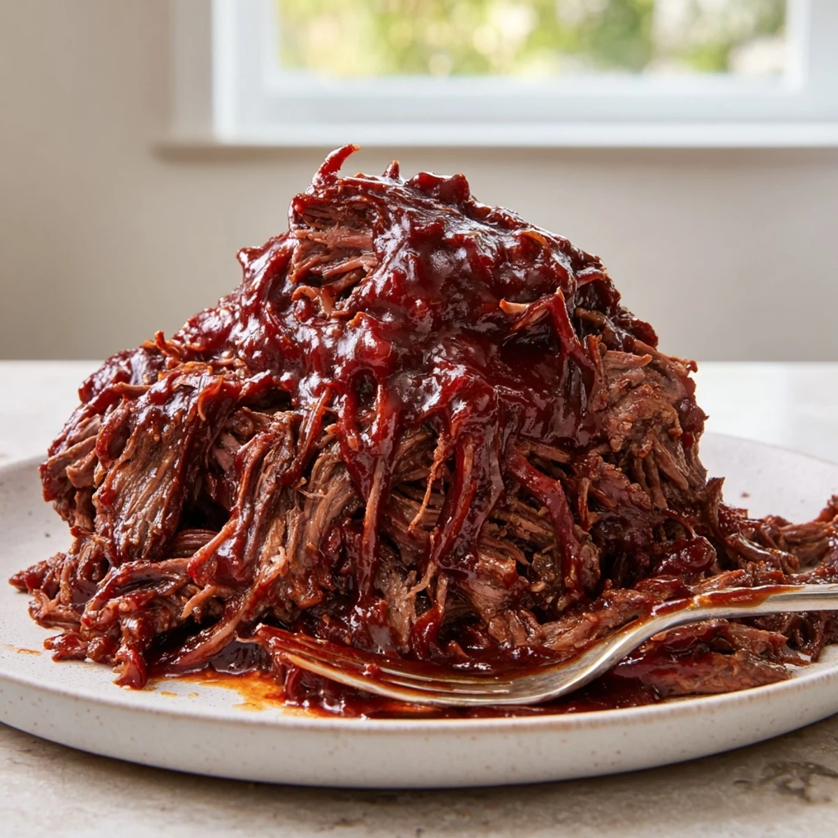 Tender shredded beef coated in glossy smoky barbecue sauce served straight from the slow cooker