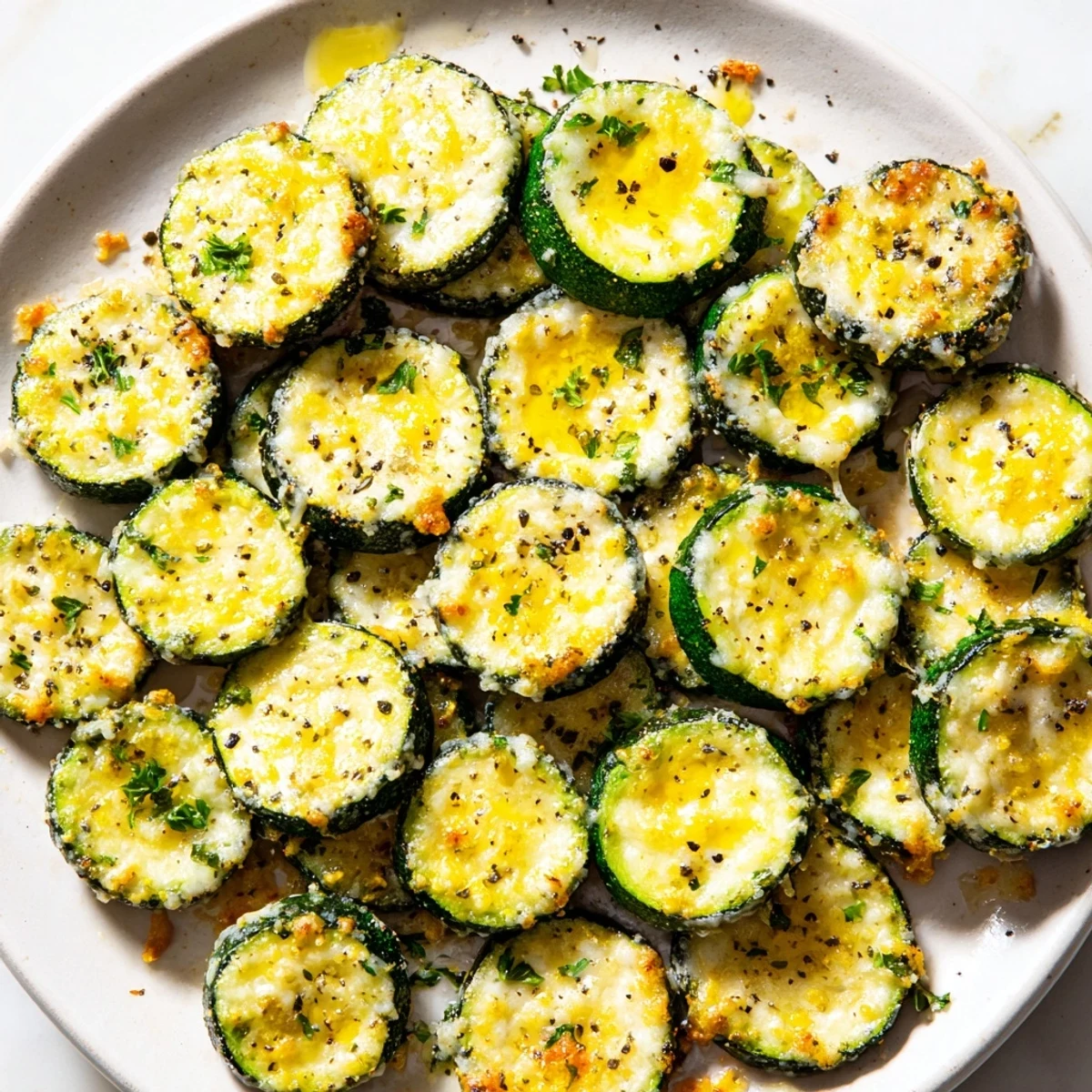 Golden Parmesan-crusted zucchini rounds with bright lemon pepper on a rustic baking sheet