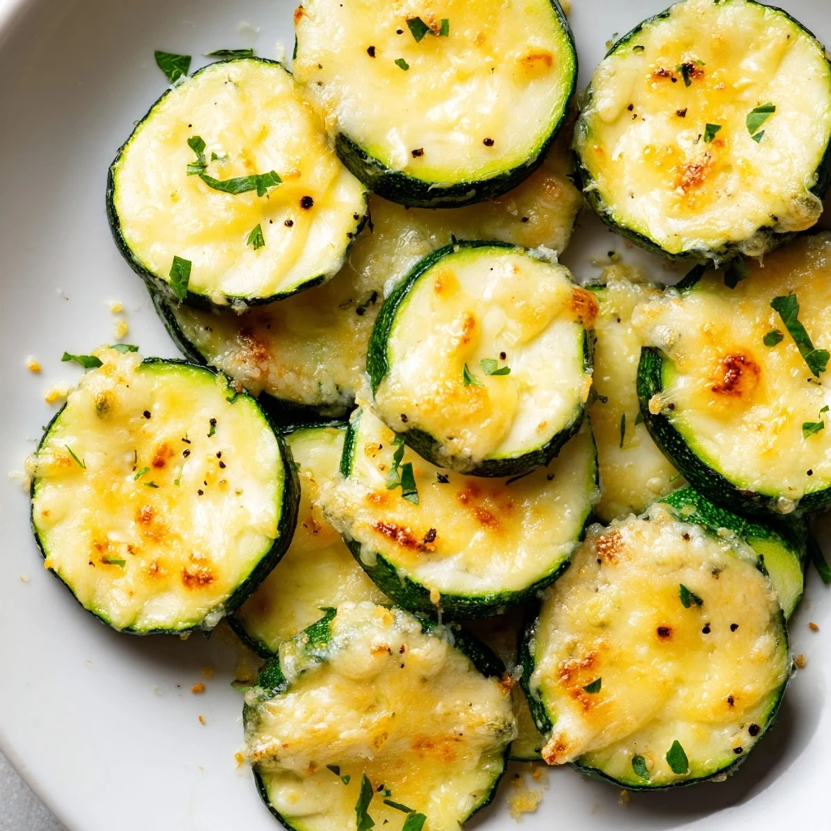 Tender roasted zucchini slices topped with melted Parmesan cheese and zesty lemon pepper