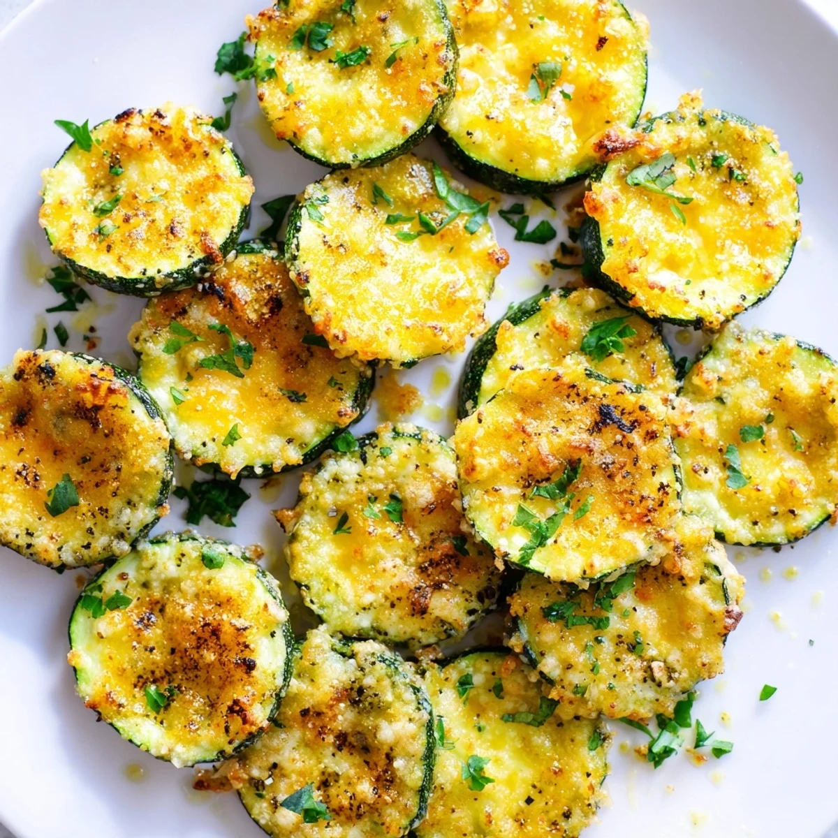 Lemon pepper and Parmesan zucchini glistening with olive oil and fresh parsley garnish