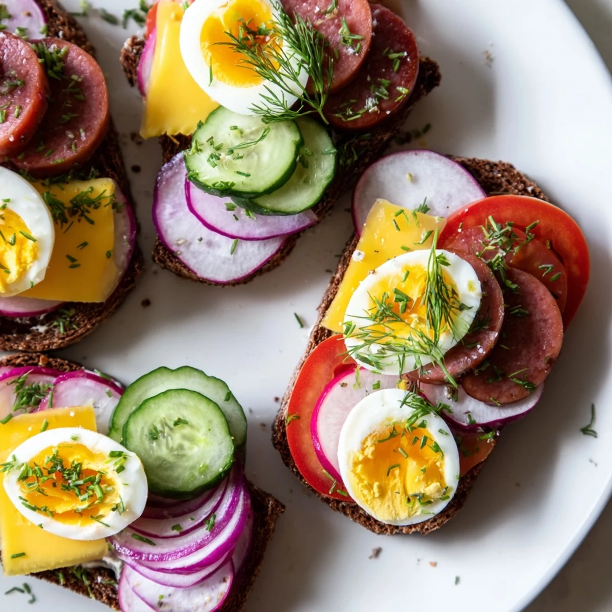 Open-faced Polish sandwiches kanapki topped with kielbasa, fresh veggies, and herbs on rye bread